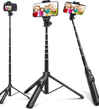 BZE 62 inches Extendable Selfie Stick Tripod with Wireless Remote & Phone Holder, Portable Aluminum Alloy 3 in 1 Stand for Group Photos, Vlogging & Travel Compatible with All Smartphones