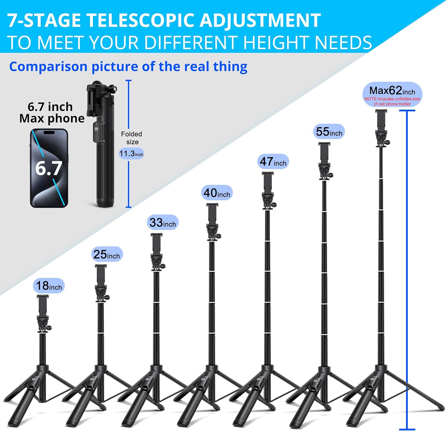 BZE 62 inches Extendable Selfie Stick Tripod with Wireless Remote & Phone Holder, Portable Aluminum Alloy 3 in 1 Stand for Group Photos, Vlogging & Travel Compatible with All Smartphones - Image 2