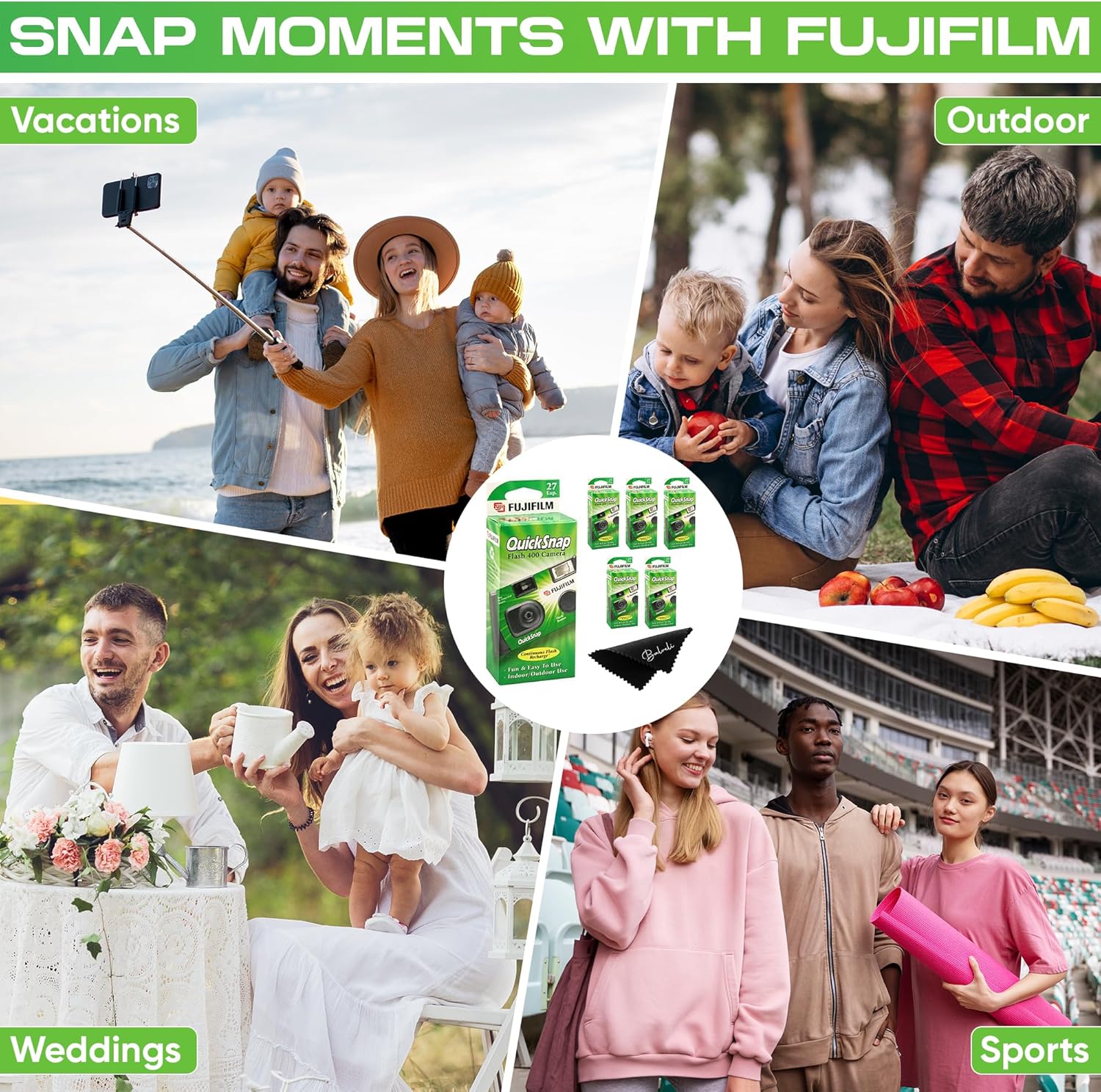 Fuji Film Quicksnap Flash Disposable Camera 400 Iso, 6 Pack, 35mm 27 Exp,with Balveli Coth, Fuji Film Disposable Camera Bulk, 6 Pack of Fuji Disposable Cameras. - Image 5