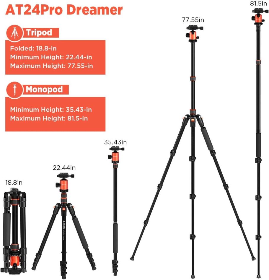 GEEKOTO 77’’ Tripod, Camera Tripod for DSLR, Compact Aluminum Tripod with 360 Degree Ball Head and 8kgs Load for Travel and Work - Image 2