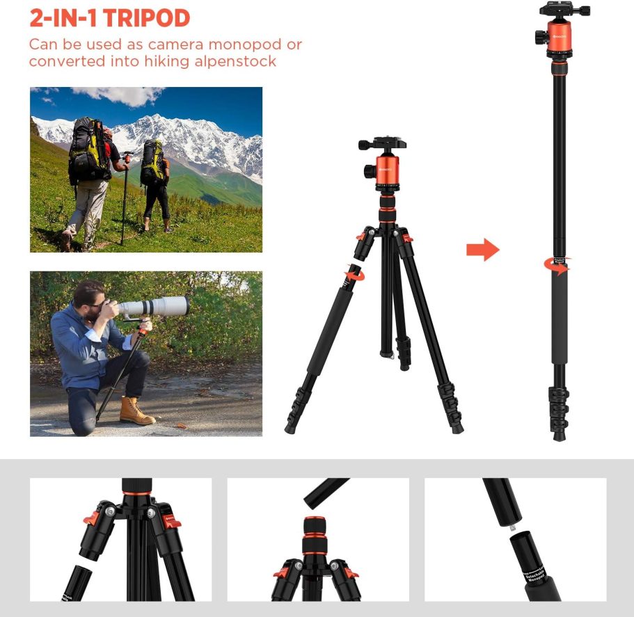 GEEKOTO 77’’ Tripod, Camera Tripod for DSLR, Compact Aluminum Tripod with 360 Degree Ball Head and 8kgs Load for Travel and Work - Image 6