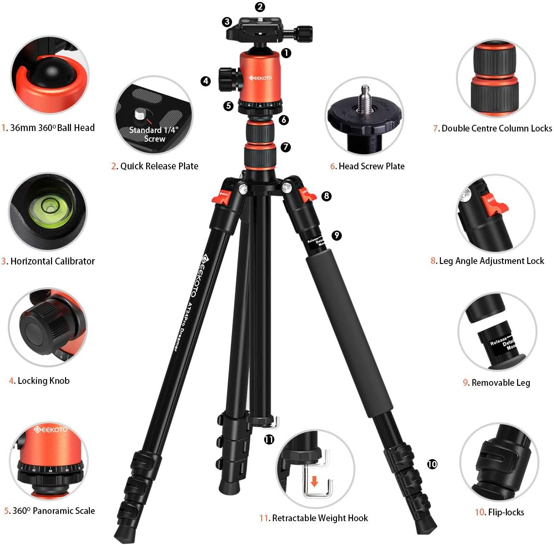 GEEKOTO 77’’ Tripod, Camera Tripod for DSLR, Compact Aluminum Tripod with 360 Degree Ball Head and 8kgs Load for Travel and Work - Image 7